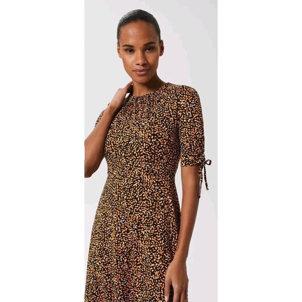 Hobbs Long Midi Samantha Dress Half Sleeve Full Pattern UK14 US M Orange Navy